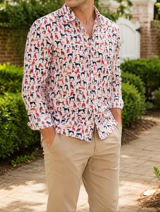 Olsen Other - Olsen Men’s White Multicolor Dog Print Cotton Blend Button Down Shirt Casual